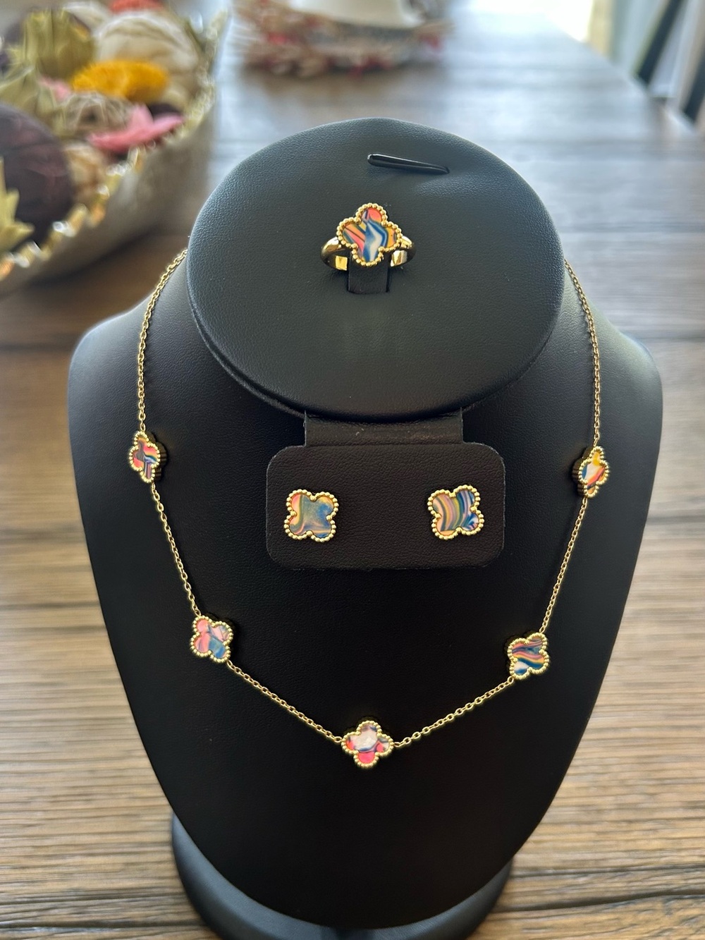 Fashion Jewelry Pink 18K Gold Plated Clover Multicolor Necklace, Earrings, Ring